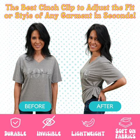 Image of Cinch clip before and after on a t-shirt