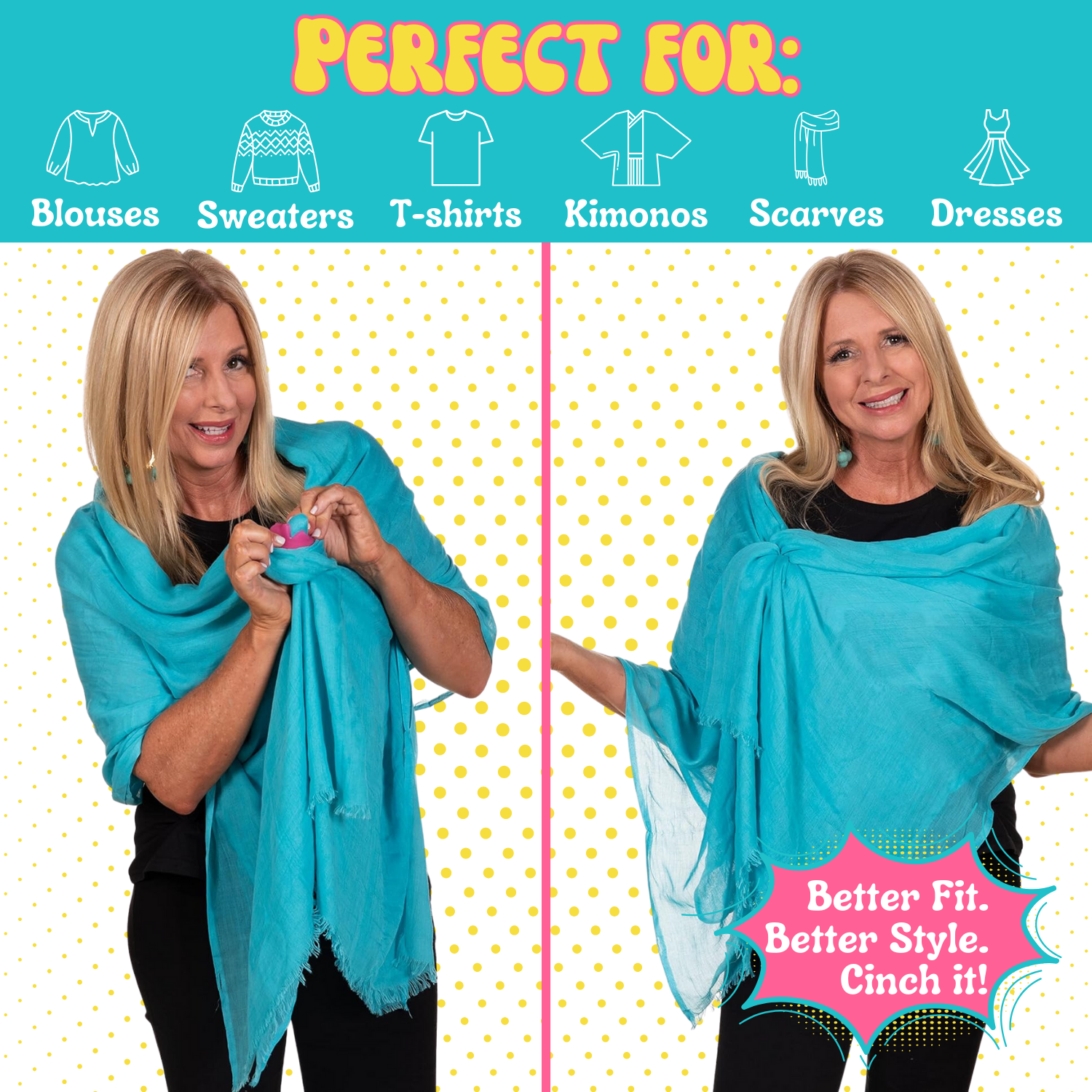 Cinch it cinch clip enhance fit and style of blouses, t-shirts, dresses and scarves