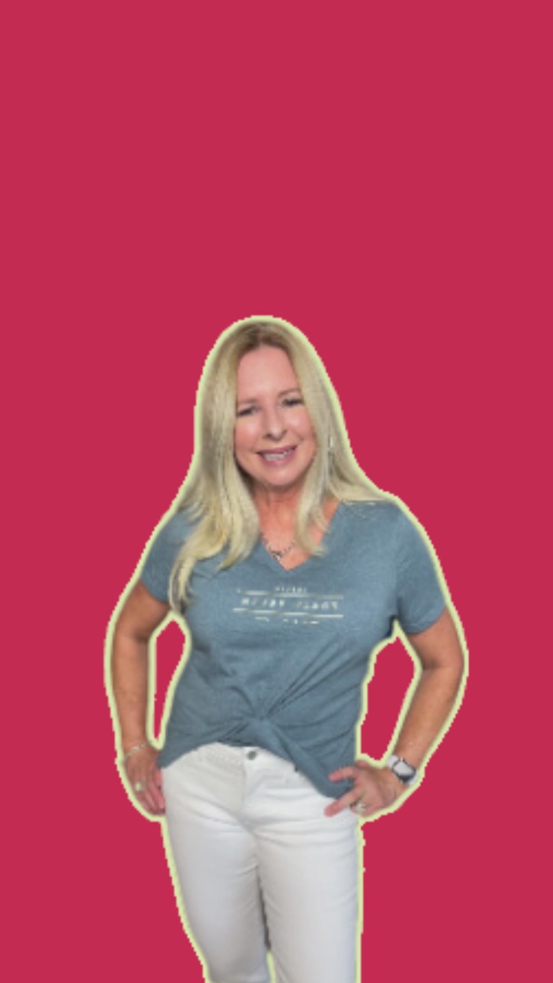 Sofia - The Cicnh It! Creator showing a short video on how to use Cinch It! to her T-shirt