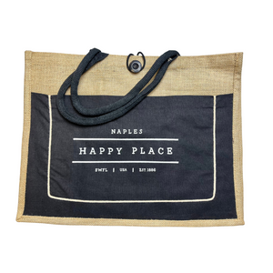 Happy Place Naples Jute Tote with Black Canvas Pocket