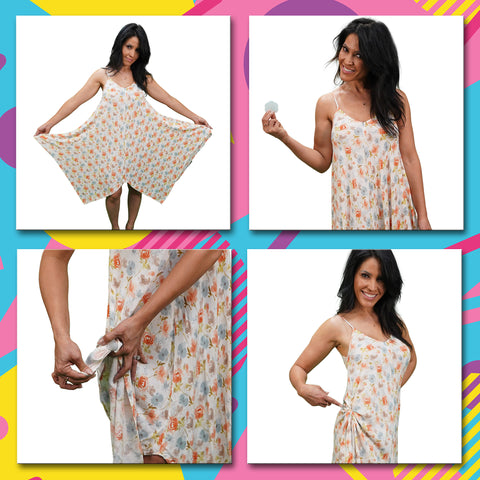 The Cinch It! model showing 3-easy steps of using Cinch It! to her frumpy dress