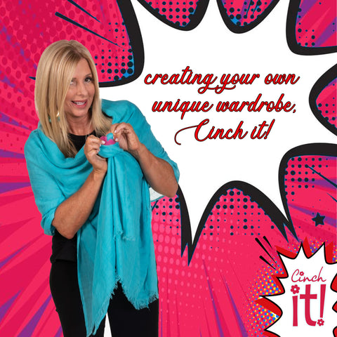Image of Sofia - The Cinch It! Creator putting the Cinch It! to her blue scarf